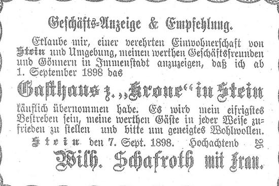 Bild einer historischen Anzeige aus dem Hotel Krone in Stein