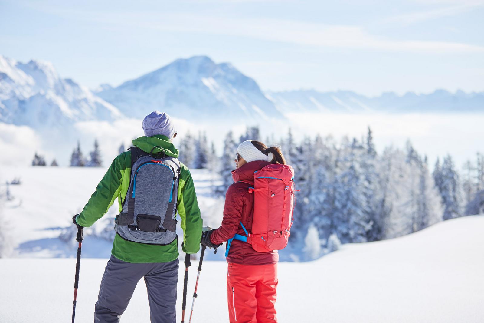 zwei Schneeschuhwanderer genießen den Sonnenschein am Berggipfel
