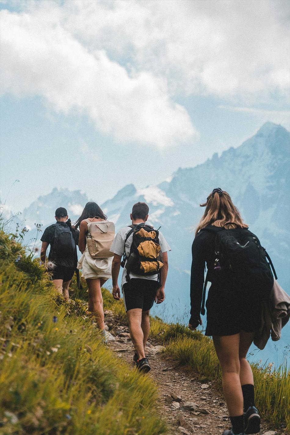 4 Personen machen eine Wanderung und laufen hintereinander auf einem Wanderweg im Sonnenschein