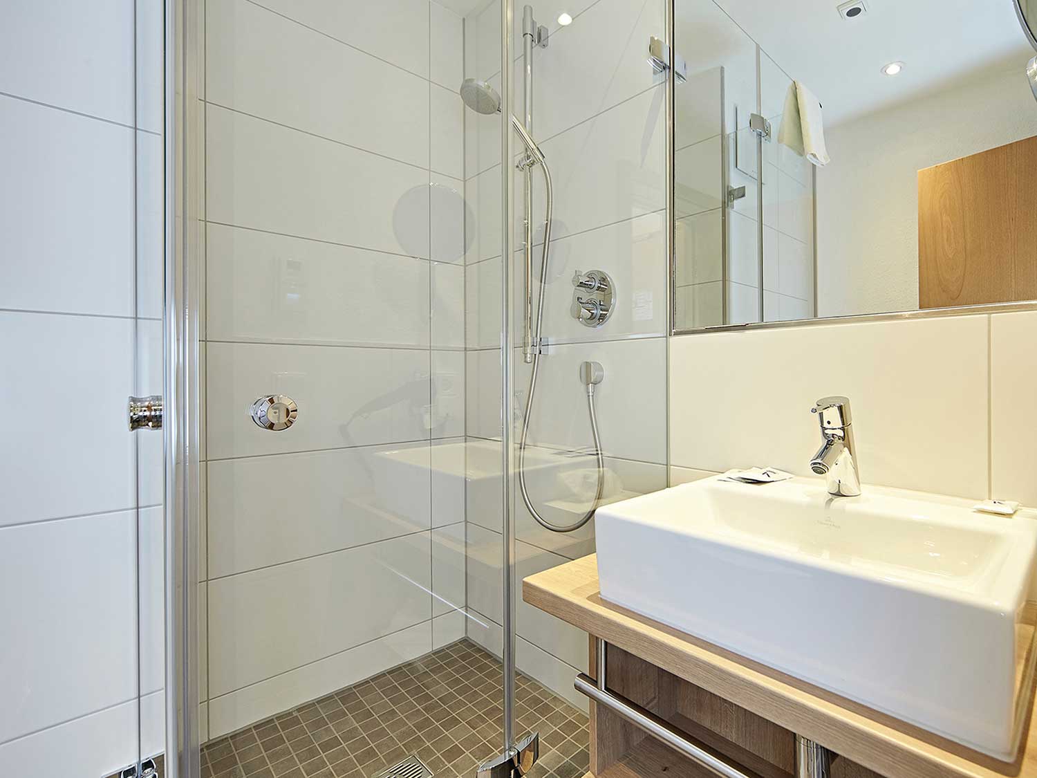 Doppelzimmer Classic Bad mit Glastüre und Waschbecken